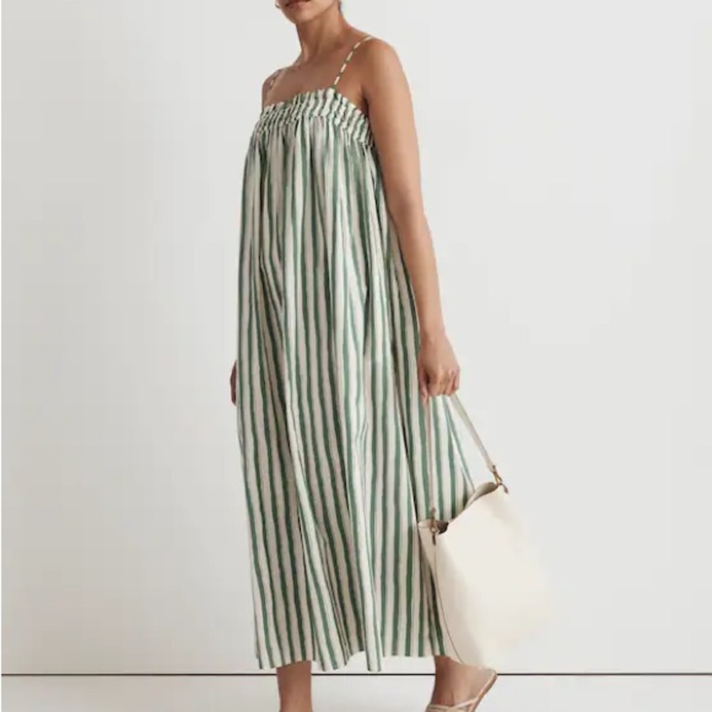 Green and White Striped Poplin Maxi Sundress